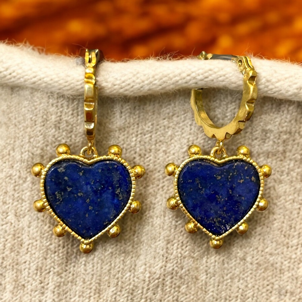 Authentic Tory Burch Lapis Lazuli and Gold Plated Heart Hoop Earrings